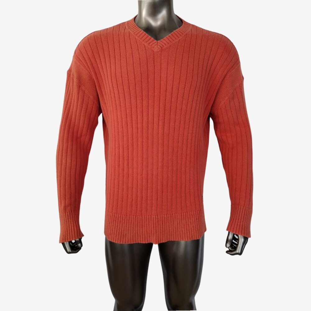 Vintage Y2K Guess Jeans Men's Orange Ribbed Knit V Neck Sweater Size XXL